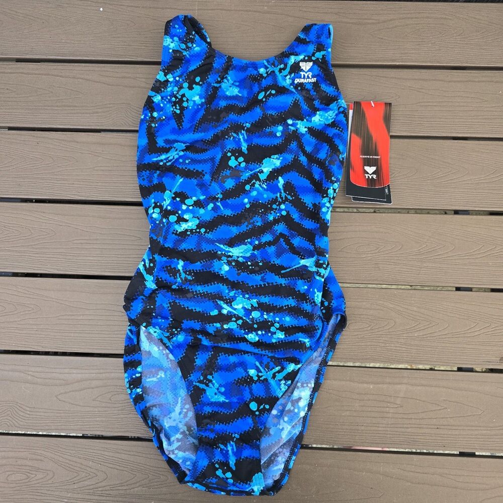 TYR Women's Durafast Blue Predator Maxfit One piece Swimsuit Sz 34 New